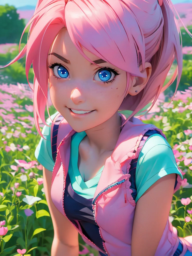 anime girl with pink hair and blue eyes wearing a vest, render of april, sayori, close up iwakura lain, 8k portrait render, render of a cute 3d anime girl, photorealistic anime girl render, smooth anime cg art, close up of a young anime girl, anime visual of a cute girl, rin, anime moe artstyle