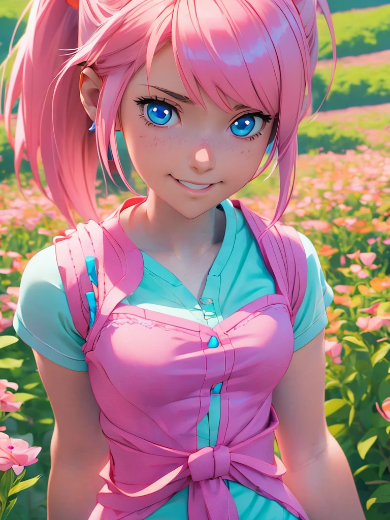 anime girl with pink hair and blue eyes wearing a vest, render of april, sayori, close up iwakura lain, 8k portrait render, render of a cute 3d anime girl, photorealistic anime girl render, smooth anime cg art, close up of a young anime girl, anime visual of a cute girl, rin, anime moe artstyle