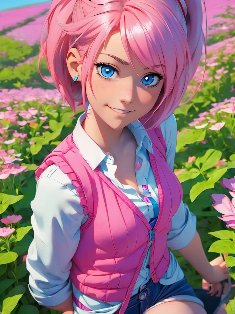 anime girl with pink hair and blue eyes wearing a vest, render of april, sayori, close up iwakura lain, 8k portrait render, render of a cute 3d anime girl, photorealistic anime girl render, smooth anime cg art, close up of a young anime girl, anime visual of a cute girl, rin, anime moe artstyle