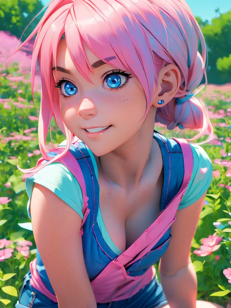 anime girl with pink hair and blue eyes wearing a vest, render of april, sayori, close up iwakura lain, 8k portrait render, render of a cute 3d anime girl, photorealistic anime girl render, smooth anime cg art, close up of a young anime girl, anime visual of a cute girl, rin, anime moe artstyle