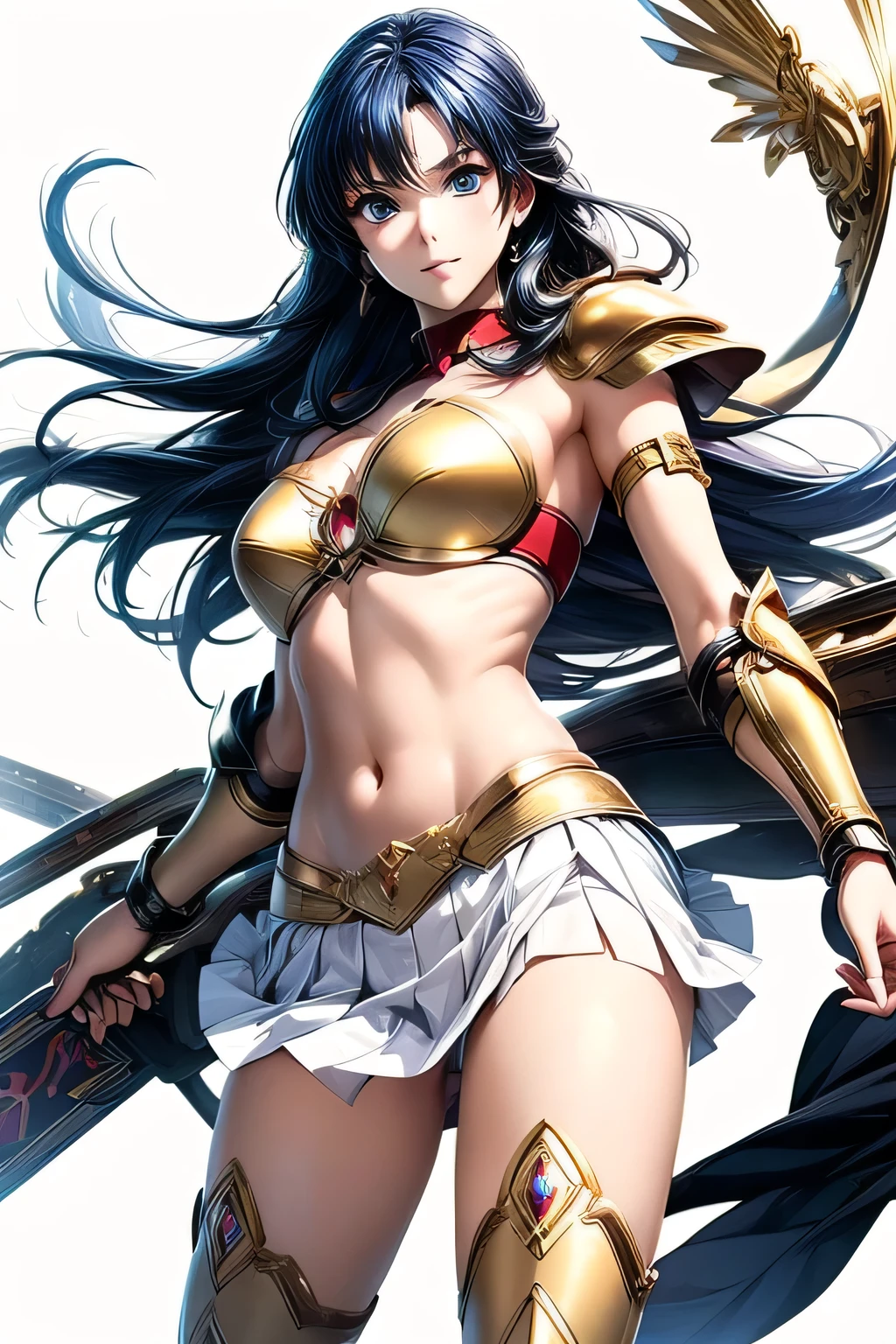Nsfw, masterpiece, Highest quality, High resolution, 8K, Realistic, Very delicate and beautiful, super detailed skin,
BREAK Anime girl in white dress, Zodiac Knight Girl, portrait Zodiac Knight Girl, Anime Goddess, rogue anime girl ayanami rei,
BREAK 1 woman, 18 years old, Perfect female body, Beautiful woman, Mature Woman, Beautiful Eyes、
BREAK (flat chest), slender body,
BREAK Fantasy-style anime,
BREAK (((white pleated skirt))), short skirt, (((see-through pleated skirt))), wet clothes, (dripping),
BREAK Roman warriors, Valkyrie Princess,
BREAK , Golden Bikini, Bikini-like metal armored dress, crop top navel, strapless dress, bare shoulders, ((Cleavage)), bare back, bare arms,
BREAK ((gold armor knee-high boots)), (gold metal boots), ((thighhighs)), Gold metal armlet, Gold metal choker, Princess Blade, white side-tie panties, crotch seam
BREAK standing, full body, toe, contrapposto, put one hand on hips, shoot from above, (((looking down))),
BREAK ultra-detailed face, beautiful face, cute eyes, dark blue eyes, fine eyes, (arched eyebrows:0.7),
BREAK dark blue hair, long hair, silky hair, shining hair, ((forehead)),
BREAK laughing, parted lips, half open eyes,
BREAK oily skin, gleaming skin,
BREAK ((((White background)))),
BREAK Wallpaper Anime, Advanced Digital Animation Art”, 2. 5d cgi anime fantasy artwork, Anime Style 4k, dynamic angle