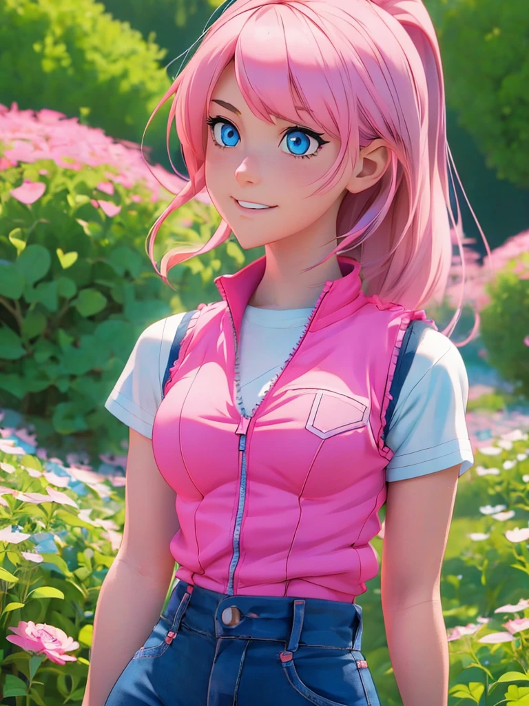 anime girl with pink hair and blue eyes wearing a vest, render of april, sayori, close up iwakura lain, 8k portrait render, render of a cute 3d anime girl, photorealistic anime girl render, smooth anime cg art, close up of a young anime girl, anime visual of a cute girl, rin, anime moe artstyle