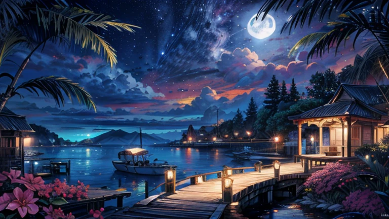 painting of a neon moonlight,dock areas, Bougainville decoration , 4k hd, moonlight, cloud,ocean, moonlight reflection,beautiful art uhd 4 k, a beautiful artwork illustration, beautiful digital painting, highly detailed digital painting, beautiful digital artwork, detailed painting 4 k, very detailed digital painting, rich picturesque colors, gorgeous digital painting
