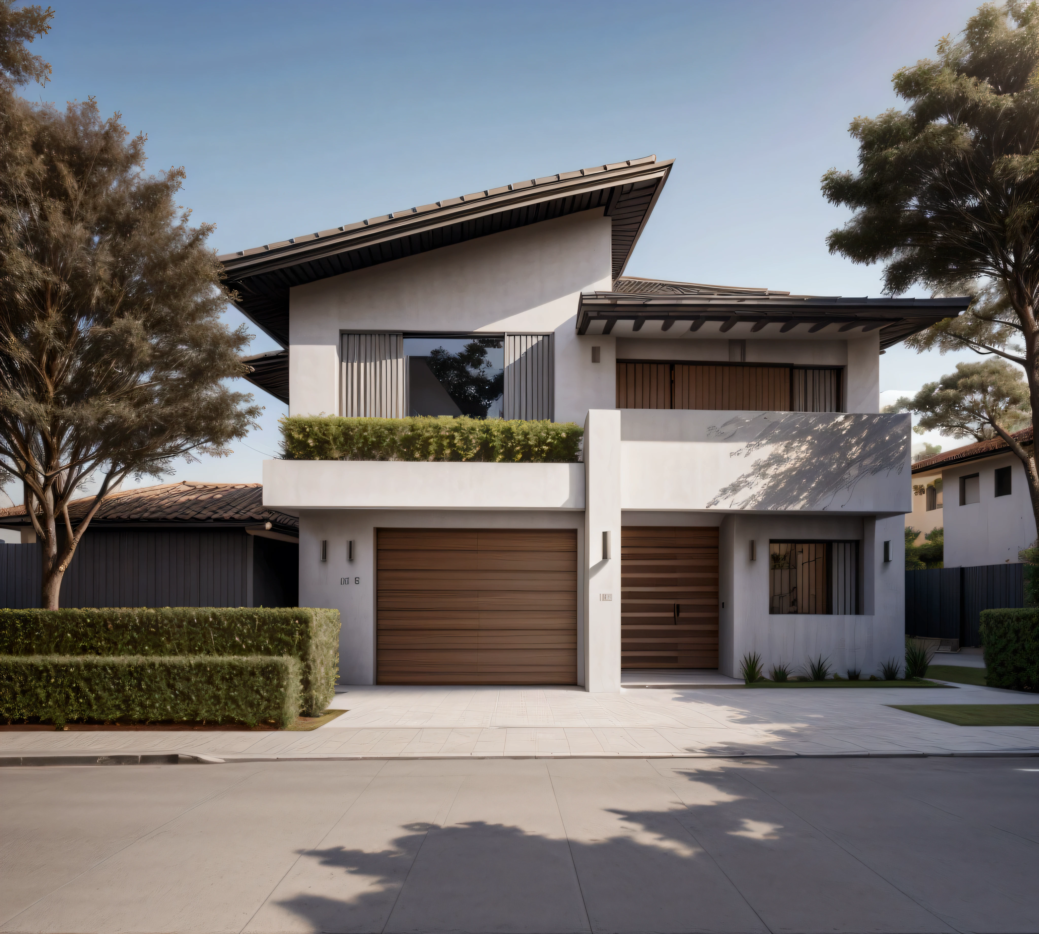 CRU photo,work of art, high qualiy, best qualityer, authentic, super detaill, plein-air, (((front-facing))), villa seen from the front, vista front-facing, single storey villaXL, aiai group, modern house style on the street, front house, visão front-facing, entrada com gramdo, elegant and minimalist facade, pavement, gram, Trees, sky, nube, (Day Light:1.1)