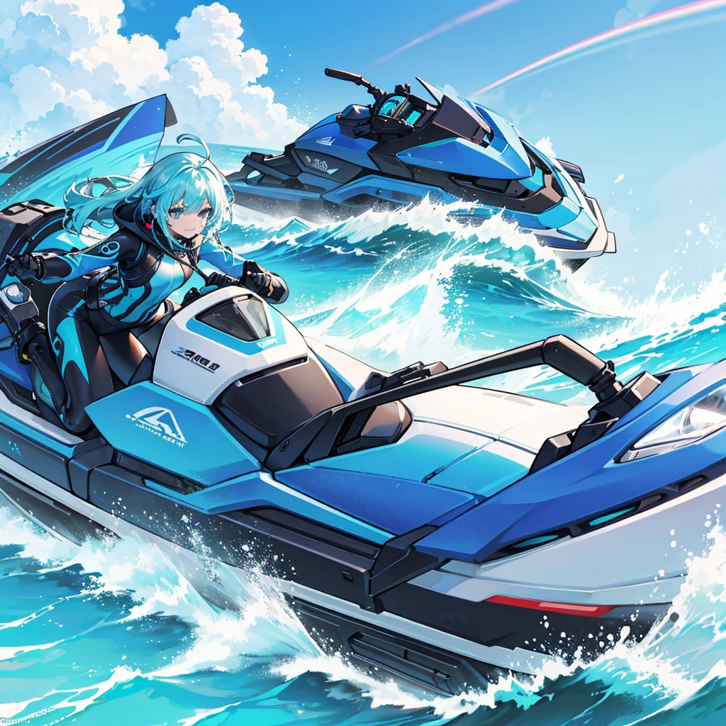 "Create an ultra-high resolution (262144K) watercolor illustration capturing the exhilarating moment of people enjoying futuristic jet skiing, emphasizing the interplay of advanced technology, water dynamics, and human form with extraordinary detail and artistic finesse.
Central Focus:
Futuristic Jet Ski: Sleek, advanced design with glowing elements and high-tech features.
Riders: People in futuristic attire, enjoying the thrill of jet skiing.
Water Dynamics: Spectacular splashes and waves, interacting with the jet skis.
Jet Ski Details:
Design: Sleek, aerodynamic shapes with metallic and glowing elements.
Technology: Visible advanced features such as holographic displays, energy cores, and anti-gravity components.
Texture: Glossy surfaces with realistic reflections and light interactions.
Rider Details:
Attire: Futuristic wetsuits with intricate patterns and textures, possibly with glowing accents.
Expressions: Faces showing excitement and joy, with detailed facial features.
Body Language: Dynamic poses capturing the thrill of speed and movement.
Environmental Elements:
Water:
Complex splash patterns with individual droplets and spray visible.
Varying shades of blue and turquoise, with white foam and reflections.
Sunlight refracting through the water and droplets, creating rainbow effects.
Sky:
Vibrant blue sky with subtle cloud formations.
Possibly futuristic cityscape or natural landscape in the background.
Color Palette:
Jet Ski: Metallic tones with neon accents, contrasting with the natural water colors.
Riders: Bright, vibrant colors for the attire, with cool highlights from the water.
Water: Various shades of blue and turquoise, with white foam and spray.
Sky: Gradient of blues, possibly with warm tones if set near sunset.
Watercolor Techniques:
Wet-on-Wet: For smooth blending in the sky and water.
Dry Brush: For texture on the jet skis and detailed water splashes.
Controlled Bleeding: To create soft edges in the water spray and reflections.
Layered Washes: B