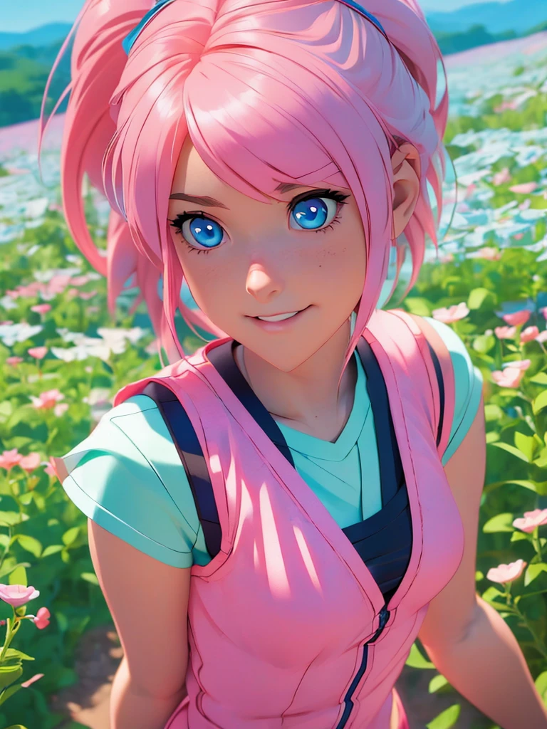 anime girl with pink hair and blue eyes wearing a vest, render of april, sayori, close up iwakura lain, 8k portrait render, render of a cute 3d anime girl, photorealistic anime girl render, smooth anime cg art, close up of a young anime girl, anime visual of a cute girl, rin, anime moe artstyle