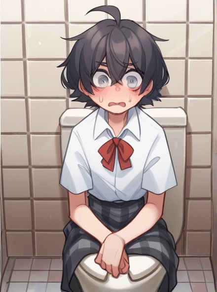ppka, black fur, short hair, messy fur, Ahoge, parts, parts all over the body, grey eyes, blind, embarrassed look, 
plaid skirt, Dark gray skirt,  A white blouse, red bow, bathroom, bathrooms de la escuela, encerrada en un bathroom, sitting on a toilet, 