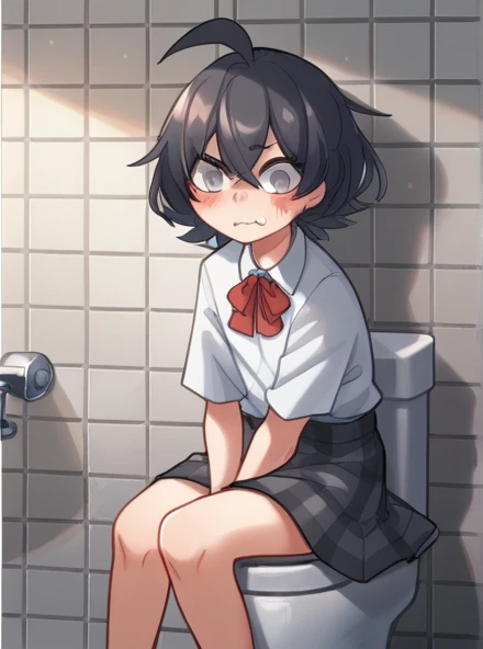 ppka, black fur, short hair, messy fur, Ahoge, parts, parts all over the body, grey eyes, blind, embarrassed look,
plaid skirt, Dark gray skirt, A white blouse, red bow, bathroom, bathrooms de la escuela, encerrada en un bathroom, sitting on a toilet,