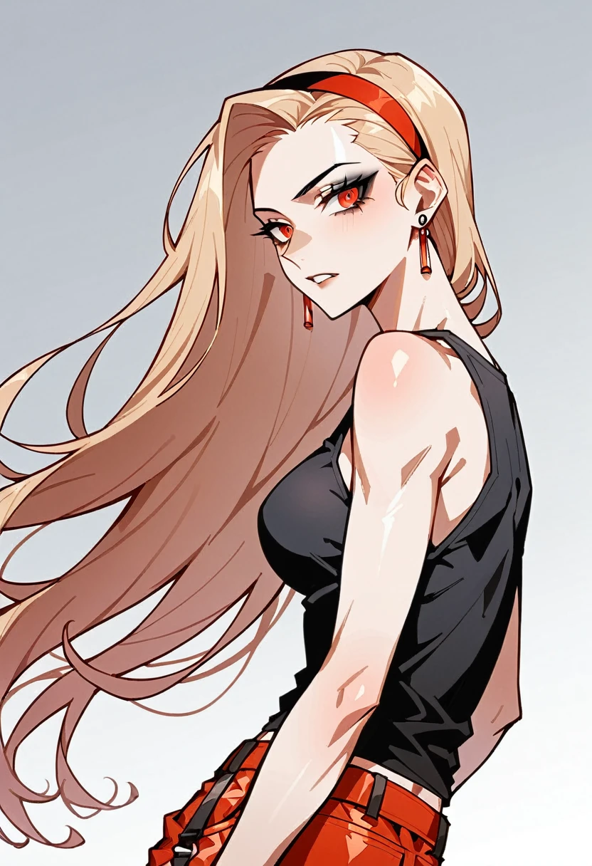 check_9, check_8_up, check_7_up, rating_safe, adult woman, tight black tank top with straps:1.2, very pale skin, earrings, long light hair, hair band, black makeup, red shorts, source_anime