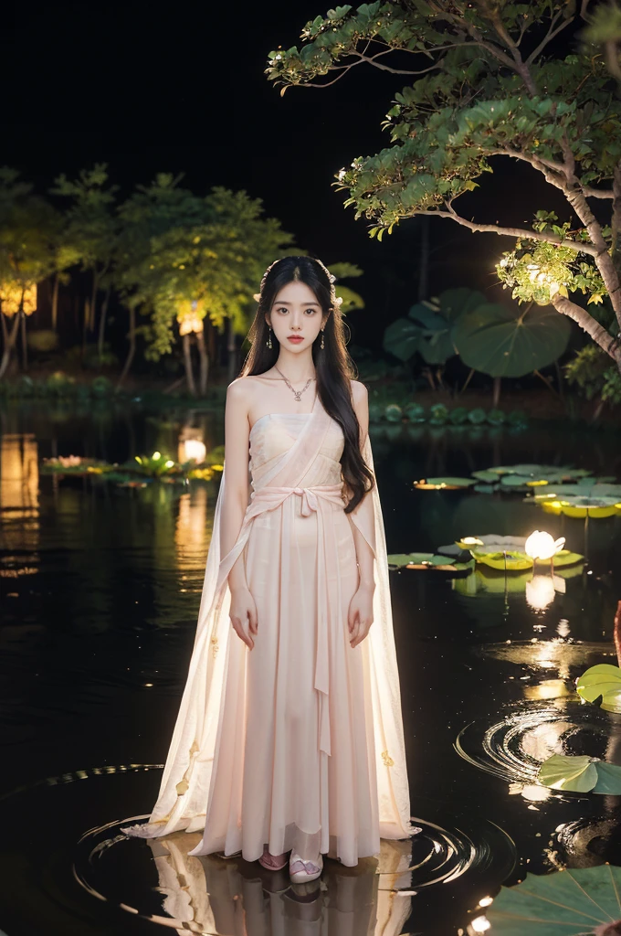 (((best quality))),(((ultra detailed))),(((masterpiece))),illustration,((1 beautiful young girl,solo)),((slim,thin)),(shoulder length straight hair:1.2),((earrings,necklace)),((small breasts,flat chest)),(see through traditional pink sheer Hanfu dress:1.3),((slender legs,loafers)),(beside the lotus pond full of lotus flowers:1.3), serene moonlight, ethereal,floral pattern, water movement, billowing fabric, tranquil,petals, fireflies, magical warm light, dreams, invitation, (standing:1.3),(arms behind back:1.2),gazing, reflection, inner thoughts, emotional, sweet scent, natural beauty, solitude, hypnotic lull, eternal summer,(night scene:1.3), natural world, human spirit, celebration, backdrop, water, glow,(from front:1.3),(full body:1.2)