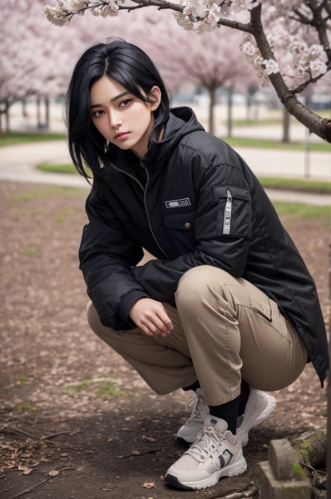 Bblack hair; blue eye; black jersey; gray jacket; beige cargo pants; leaning against a cherry tree