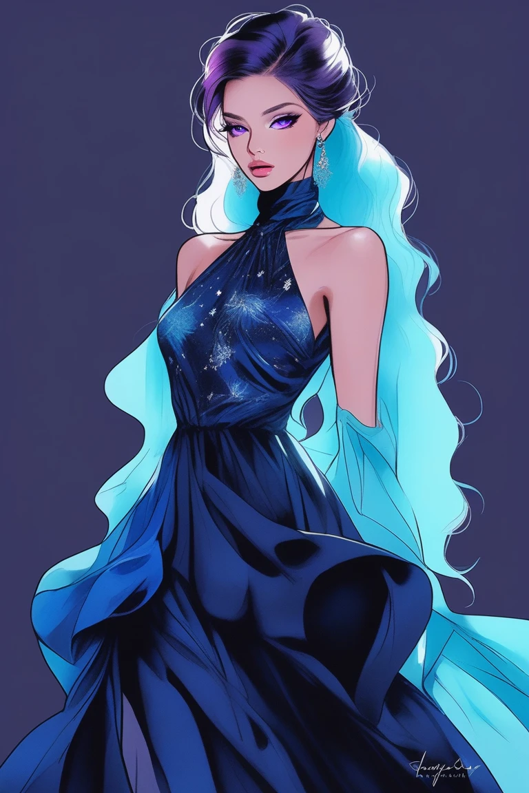 (Best quality, sketch:1.2),realistic,illustrator,anime,1 girl, detailed lips,custom, bad women, details, black and aquamarine gradient background,neon hair,Textured trim, masterpiece, retro classic style, [female mannequin close up, Sexy dress, silk dress, mercury dress, Astral dress, beautiful silky dress, Sexy dress, dark dress, Dark purple clothing, revealing stylish dress, dark Astral dress, soft silk dress, elegant navy blue dress, stylish dark dress, airbrush dark dress, fantasy dress, Baroque dress, extravagant dress] (photographic portrait)