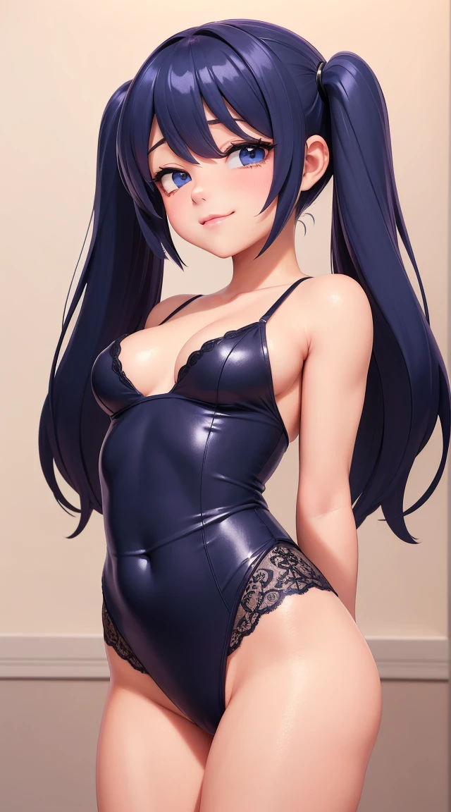 (masterpiece:1.3), (Best Quality:1.3), (Ultra-detailed:1.2), ((kawaii)), Cute, (lovely), ((sexy)), ((Extremely detailed)), 4K, (8K), Best Quality, (Beautiful), Illustration, anime style, (bold line:1.2), Gradation, looking at viewer, //, (bent down:1.1), (arms behind back), //, a cute girl, 1girl, (solo:1.2), gleaming skin, //, (flat chested), (Perfect eyes:1.2), (Perfect iris:1.2), //, (beautiful eyes) //, (half closed eyes:1.3), (sexual expression:1.2), Fascinated expression, dark blue hair, smile, (blush:1.2), //, Emphasizing cleavage, sexy lingerie //, modern pink restroom, on bed, xposed abs, hard abs, twin tails