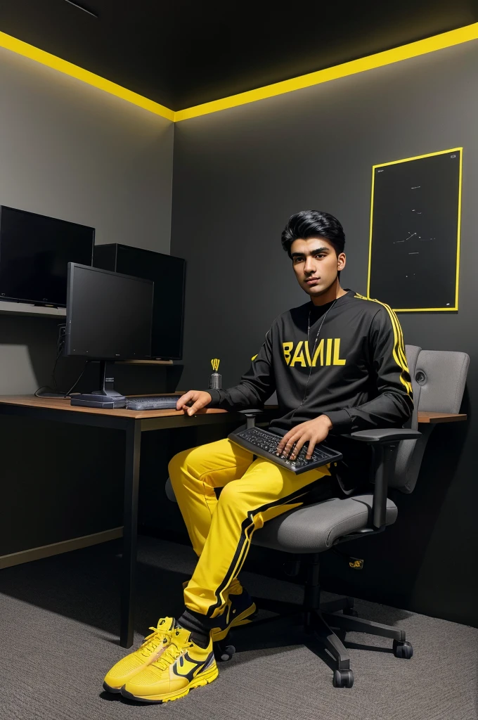 A twenty years old beautiful Pakistani boy sits on a black gaming chair with yellow accent wearing modern black outfit with color matching shoes behind him is a desk with computer monitor or laptop displaying spotlight studio in large bold letters the room has modern design with grey walls and floor, there's a mic stand with mic setup adjusted near the face of the boyl