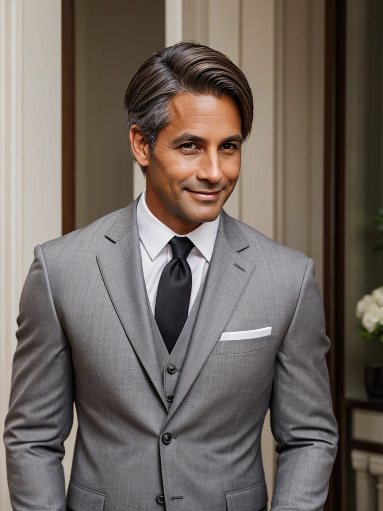 (best quality), 1boy, Male, mature male, 35 years old, tanned skin, brown hair, grey streaks, short hair, brown eyes, perfect eyes, polite smile, handsome, butler, strong jawline, suit, white gloves, masterpiece, anatomically correct, highres