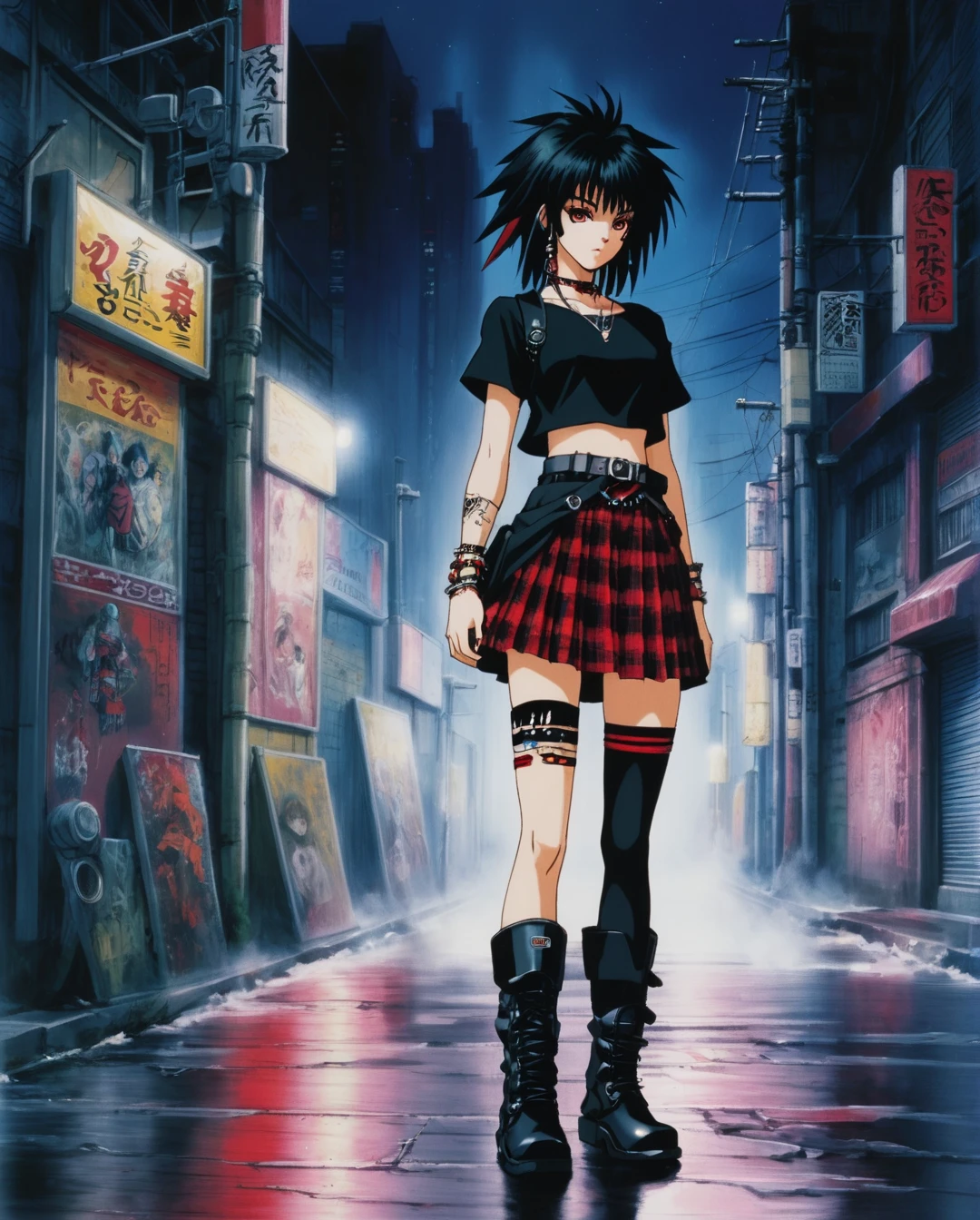 anime illustration of an anime girl High resolution, full detailed, better image quality, Believe me a beautiful goth girl, who has black hair with Half-sided bangs painted dark red, with a short t-shirt, with a black and red plaid skirt, with black boots, with a punk style bracelet, and the punk style belt, full body, on a foggy night street, BREAK, Art style by Yoshiaki Kawajiri and Tsukasa Hojo and Toshihiro Kawamoto - -intricately detailed face - -80s and 90s anime still - -1980s retro anime - -1980s and 1990s anime retro nostalgia -highly detailed profile BREAK, ARISTYLE4, Soft Pastel -depth of field, Cinematic Angles, Dynamic angles, (((masterpiece))), perfect face, ((full body shot)),