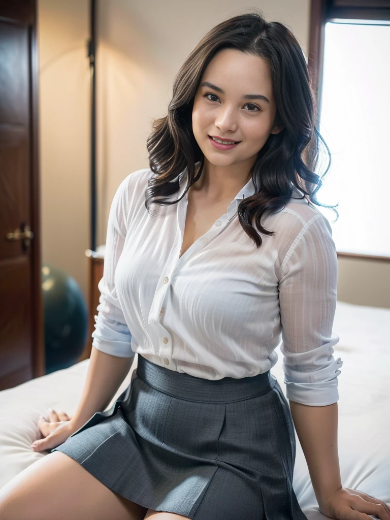 1girl, solo, sensual, top-quality, (professional lighting without shadows), view from far, (ultra wide angle shot: 1.4), (Indonesian_high_school), fit body, long hair, beautiful hairstyle, very seductive pose, little smile, sitting on top of bed, detailed face, detailed eyes, unparalleled beauty, looking at the audience, thick breasts, detailed skin, fit thighs, muscular arms, muscular belly, looking at the viewer, wearing very short grey blue skirt, wearing white shirt, (8k, RAW photo, best quality, masterpiece: 1.2), (realistic, realistic: 1.5), ultra-high resolution, hyper-realistic