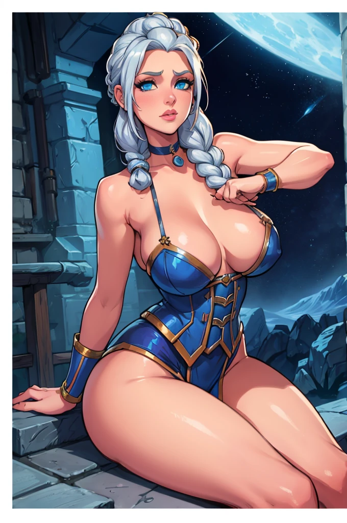 Jaina Proudmoor - World of Warcraft, sexy and hot girl with silver hair tied up in a thick braid, big tits, thick legs, big ass, blue sexy lingerie, blue stockings, blue choker