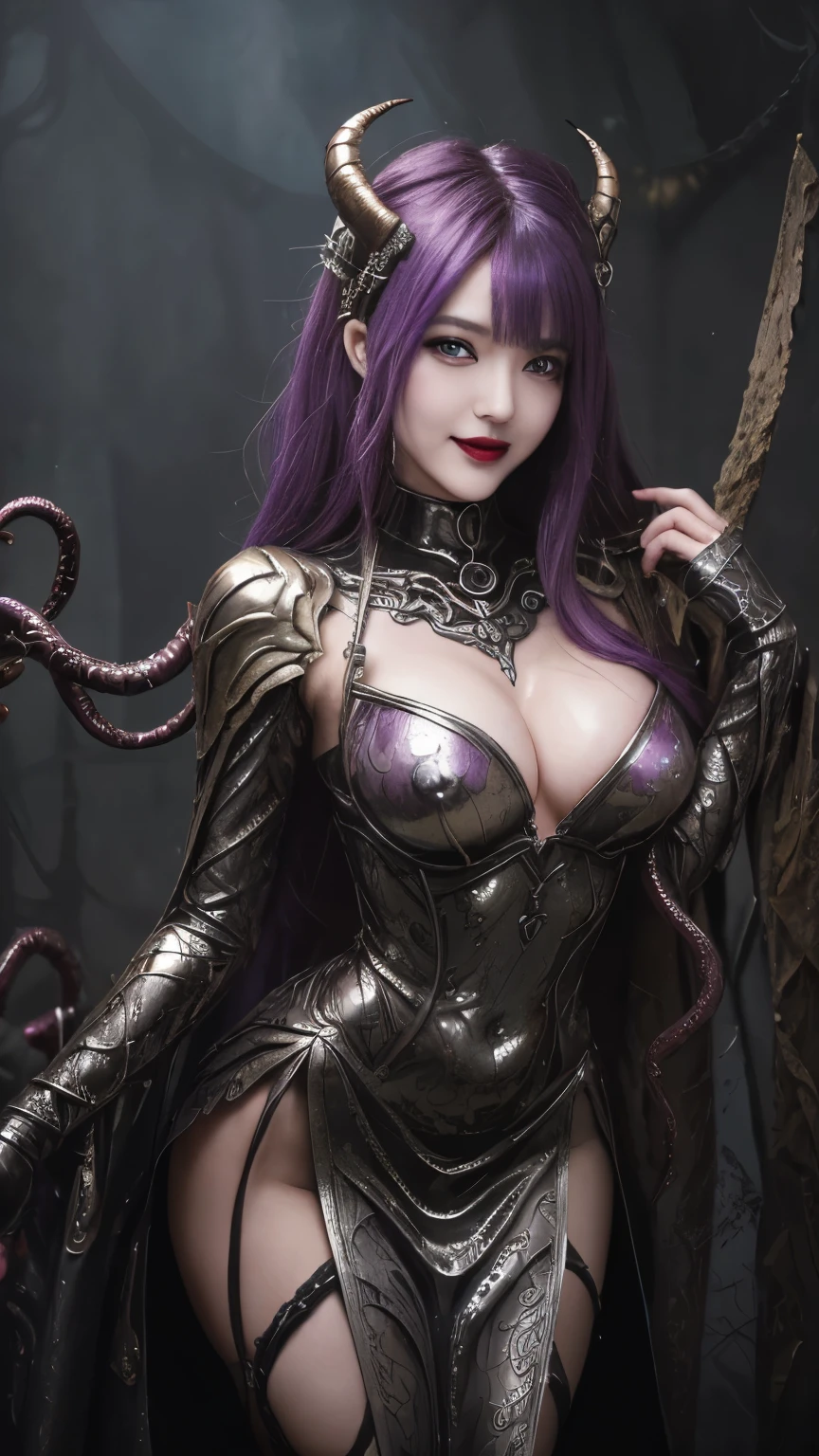 Esoteric arachnids lady, Spider Queen Elise, League of Legends, Esoteric arachnids, Combat Stance, ( body formed from metallic mauveine and metallic black liquid metallic paint twisting into a beautiful interpretation of the female figure), length, Sharp Fangs, nature, ((Complex metallic colors in the foreground)), (( Fluid Mechanics, The most beautiful smooth scale face makeup, Smirking expression)) - Dark blood, Onyxia、Noir painting of a beautiful young witch, length purple hair, dark purple lips, evil, evil female, smile, Black Prom Dress, She is coming to you, close, Bright Blue Eyes, Surrounded by swirling pink smoke, Genuine, Attention to detail, Highest quality、A beastly demon wields a vicious blade, Blood Chain, Behemoth Bones, Snake-like tentacles, Cruel Teeth, Expressions of madness, Oppressive Dungeon. 8K Vision Reveals Fear, Ultra HD detail makes monsters stand out, Grotesque shadows dance, The creature whispers, Stifling atmosphere, Vision problems, Visible Madness. blade, A flash of evil intent shines, reflect (Light) Beyond the Darkness, Elucidate (Sharp details) and、Add a dizzying dimension to the impending chaos.