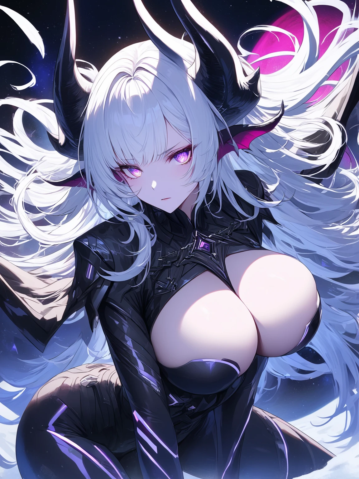 Masterpiece, very detailed, ultra detailed, one, (1 woman), she is in a close ancient black futuristic military uniform, and in an full position, long hair, bright white hair, snow-white hair and haircut on the sides, white demonic horns, Sharp dragon ears, beautiful, charming, bright purple eyes, neon eyes, bright eyes, elegant, big breasts, serious face, cold face, charming, against the background of space planets and a black hole.