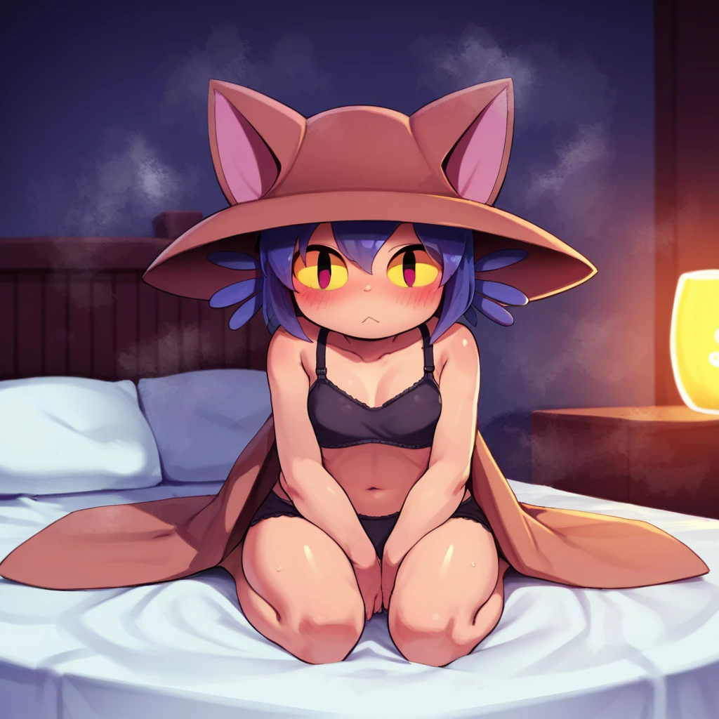 1girl,solo,niko \(oneshot\),slit pupils,yellow sclera,cat hat, black underwear, black bra, looking at viewer,horny, blush, fog, beautiful bedroom, bed, sitting on bed, (young), anime style, beautiful detailed skin, beautiful eyes, detailed face, best quality, high quality,