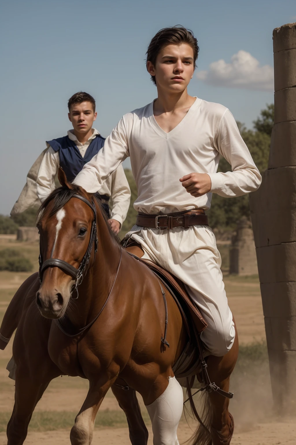 A young male twink, 20 years old, with a cute angel face, with makeup and black hair, wearing a medieval shirt with ties, a v-neck, and long sleeves, aquamarine in color, and white medieval pants. He is on the battlefield, riding on a horse, with many soldiers behind him. Scattered and looking angrily as if the horse was galloping