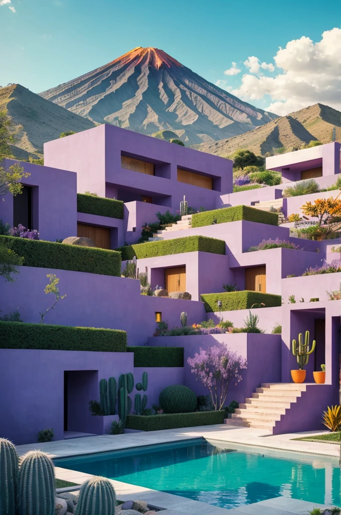 Multiple houses, brutalism style, Luis Barragán, Mountains in background, river, pool, terraces, stairs, garden terraces, trees, beautiful clouds, moon, sun, detailed, cacti, boulders, volcanic rocks, fuggy, Violet, orange, olive green, blue, magenta, amazing volcano in horizont, beautiful garden design