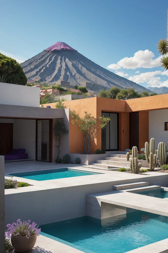 Multiple houses, brutalism style, Luis Barragán, Mountains in background, river, pool, terraces, stairs, garden terraces, trees, beautiful clouds, moon, sun, detailed, cacti, boulders, volcanic rocks, fuggy, Violet, orange, olive green, blue, magenta, amazing volcano in horizont, beautiful garden design