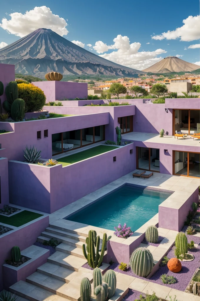 Multiple houses, brutalism style, Luis Barragán, Mountains in background, river, pool, terraces, stairs, garden terraces, trees, beautiful clouds, moon, sun, detailed, cacti, boulders, volcanic rocks, fuggy, Violet, orange, olive green, blue, magenta, amazing volcano in horizont, beautiful garden design