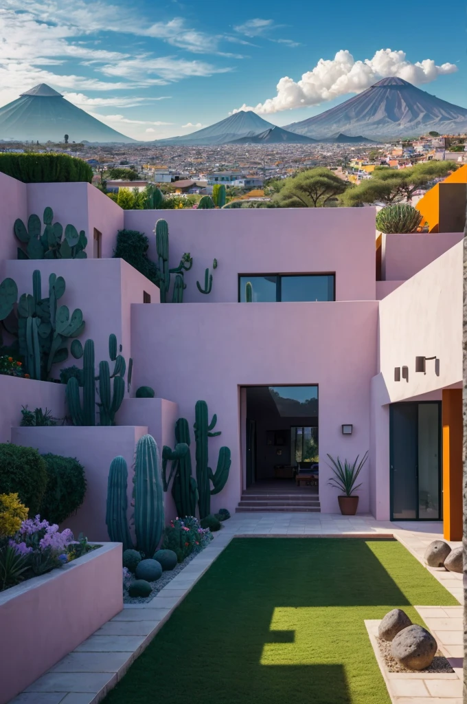 Multiple houses, brutalism style, Luis Barragán, Mountains in background, river, pool, terraces, stairs, garden terraces, trees, beautiful clouds, moon, sun, detailed, cacti, boulders, volcanic rocks, fuggy, Violet, orange, olive green, blue, magenta, amazing volcano in horizont, beautiful garden design