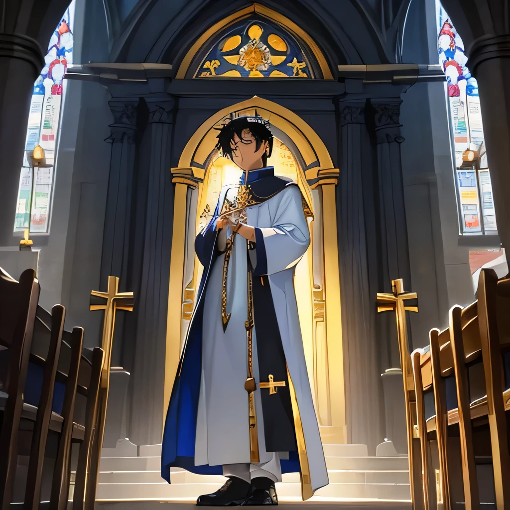 Human,priest,cathedral,???,black hair,white robe,golden lining,2 golden chains with crosses,sort,silver ring with a blue stone,