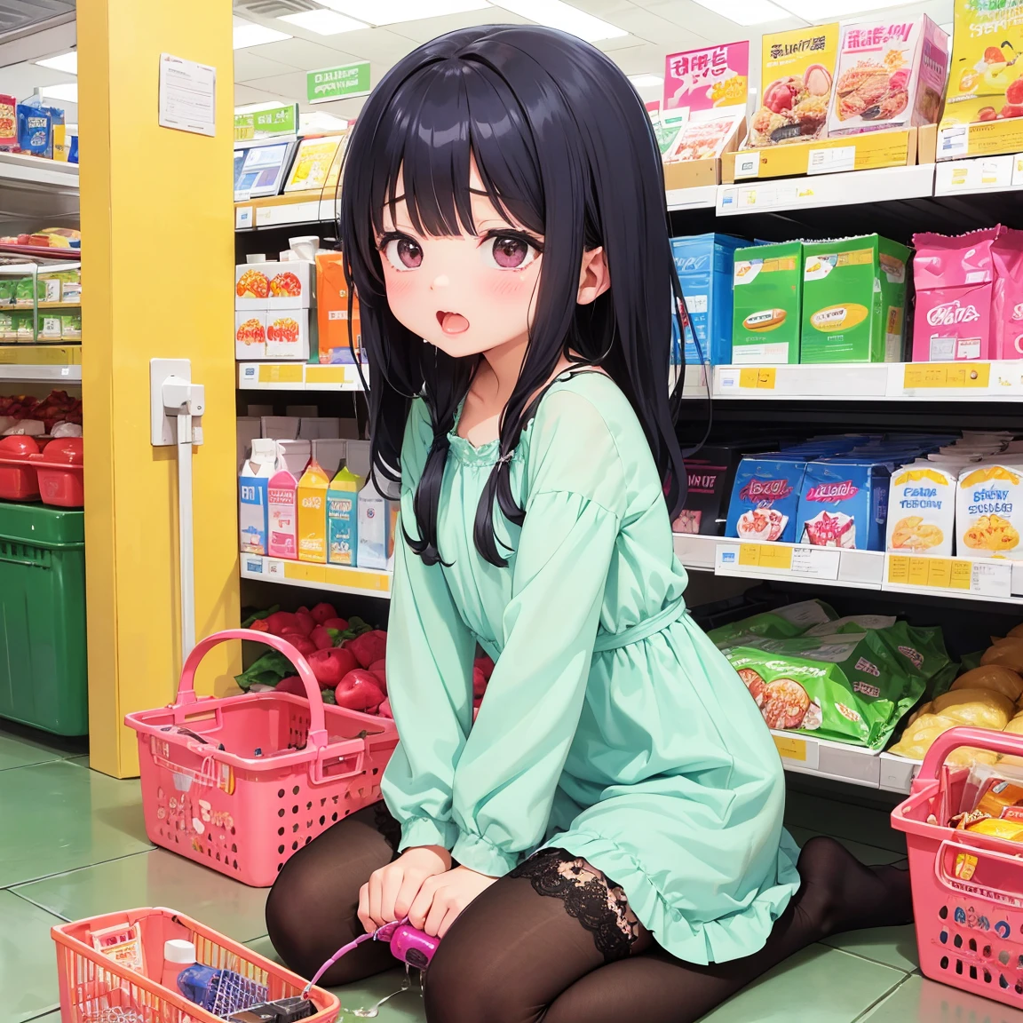 Girl shopping at the supermarket、There are items in the basket、Pick up and select the product、Merchandise Shed、Have a basket、Inserting a vibrator into your、blush、Pussy juice overflows from the pussy、The vibration of the vibrator makes her pussy juice drip、Vibrator Masturbation、Horny girl、、Her pussy juice is dripping all the way to the floor、Stringy pussy juice、A young girl with a baby face、Lace dress、Lace Stockings、((Pants in Vibe))Pussy juice overflows and climaxes