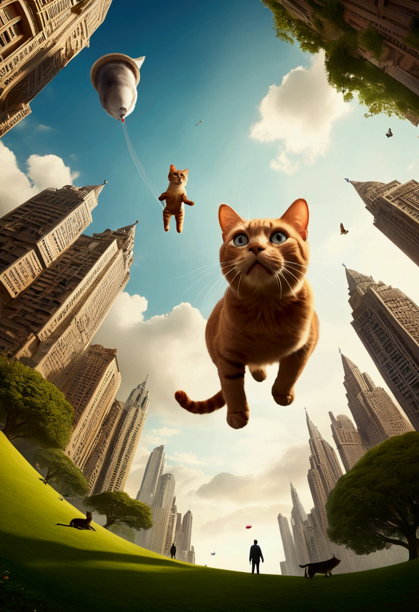 (Giant Cat, exaggerate Giant), park, from below, floating, In a surreal landscape where gravity is but a suggestion, a harmonious blend of  and connection, full body, award-winning, cinematic still, emotional, vignette, dynamic, vivid, (masterpiece, best quality, Professional, perfect composition, very aesthetic, absurdres, ultra-detailed, intricate details:1.3)