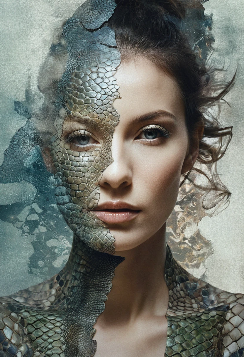 split image, woman with reptile skin, amazing depth, double exposure, intricately detailed, bokeh, perfect balanced, deep fine borders, artistic photorealism, smooth, great masterwork by head of prompt engineering, art by Gabriele Viertel, Januz Miralles. Giger