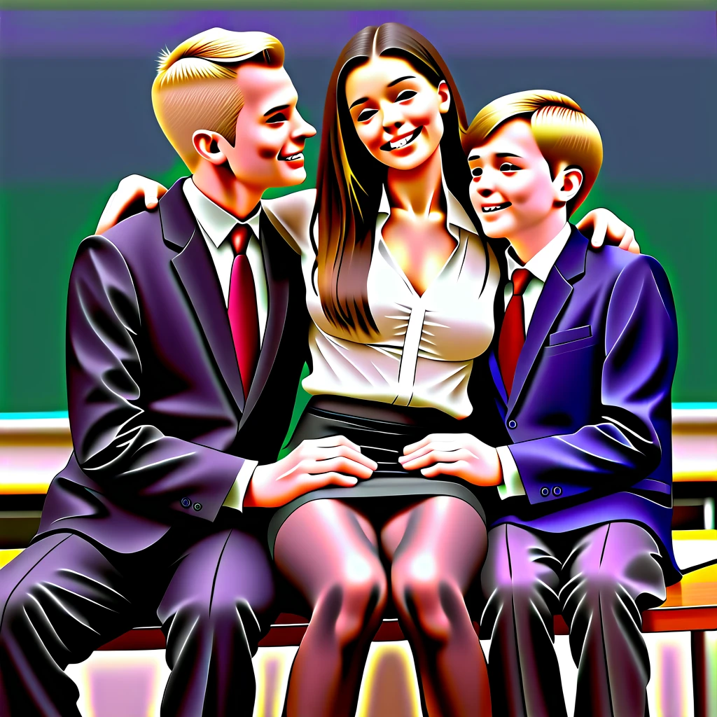 (((Threesome, 1 female in pantyhose, 2 male students))), UHD, photorealistic, 2 naked male teenagers stand on either side of the teacher wearing backpacks with cocks are showing, sexy teacher wearing an open silk blouse, skimpy leather skirt that is pulled up around her waist to expose her sheer black pantyhose, (((female teacher (30 yrs old) is sitting on a desk with her legs open))),  2 () students are standing beside her, obvious age difference between teacher and students,  pre-gang bang, young men grab her knees and open her legs to show her shaved vagina that is visible through her sheer pantyhose, makes fondle her and touch her pantyhose crotch, shaved vagina is visible through her sheer pantyhose,  perfectly drawn hands,  her arms are around them, she caresses their heads with her hands, classroom, photorealistic 