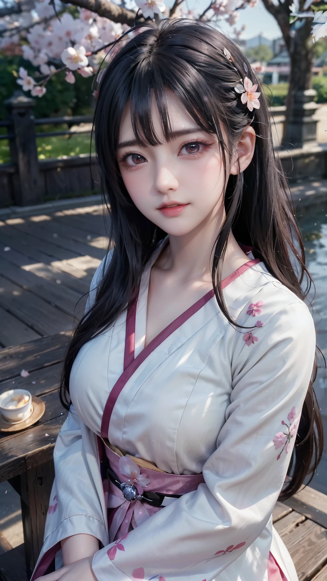 (logo、masterpiece、8k、table top、RAW photo、wonderful、最high quality、Photorealistic and hvery detailed CG integrated 8k wallpaper、high quality、very detailed、Narrative poem、particle effects、dynamic effects、written boundary depth、cinematic light、Lens flare、ray tracing)、fantasy、 (1 beautiful woman、white kimono、Japan Dress、white cherry blossom pattern、White cherry blossom embroidery pattern、black haired、beautiful face、real face、beautiful details eyes beautiful skin)、Hair flutters in Wind、hair bounces、pink cherry tree、petals dance、SakuraFubuki、wonderful scenery、sunrise、sun on background、Wind、god々、teeth、god story、vast land