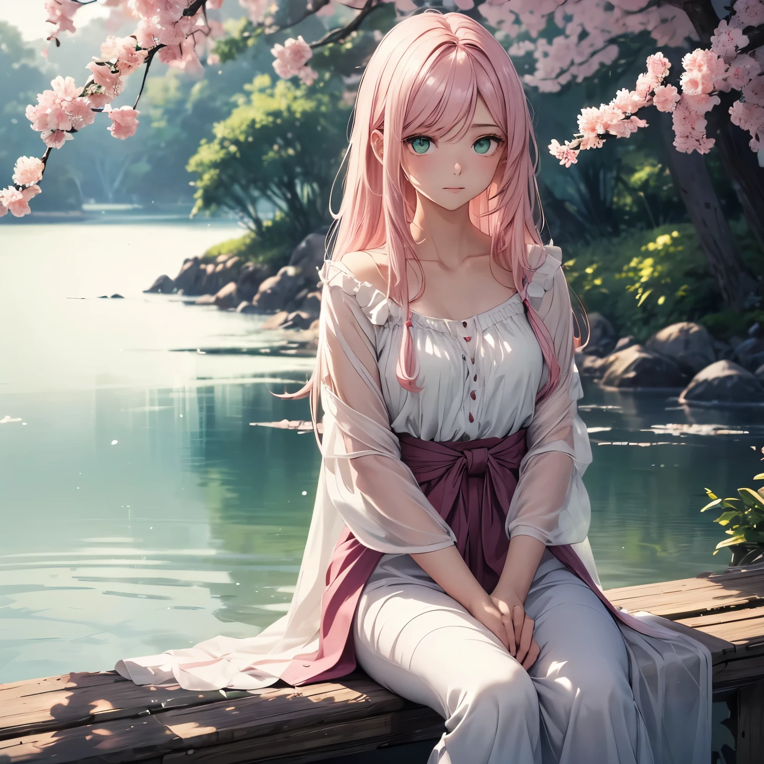 An 18-year-old woman with long, waist-length pink hair and captivating jade green eyes. Delicate facial features framed by a soft hairline. She is dressed in a simple, white blouse that accentuates her collarbone. Seated gracefully by a tranquil lake, her gaze directed slightly away from the camera, conveying a sense of serene contemplation. The gentle curve of her neck is subtly illuminated, creating a soft, ethereal glow. The background is a blurred canvas with hints of pink blossoms, providing a dreamy backdrop.