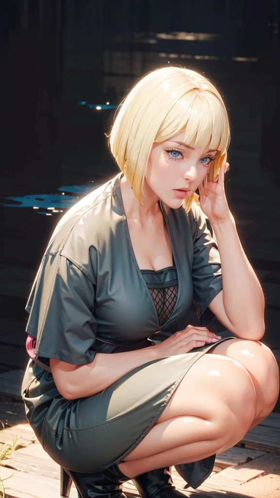 (（（Perfect body,White and tender skin,（（（BLACK KIMONO, CLEAVAGE, VAMBRACES,）））,（（（Samui, Blue eyes, blonde hair, short hair, bangs, blunt bangs,）））,((masterpiece)),high resolution, ((Best quality at best)),masterpiece,quality,Best quality,（（（ Exquisite facial features,Looking at the audience,There is light in the eyes,Poker face）））,Squatting，From below）））,（（（Light and shadow,Huge breasts，）））,（（（Looking at the camera,black background,)））),