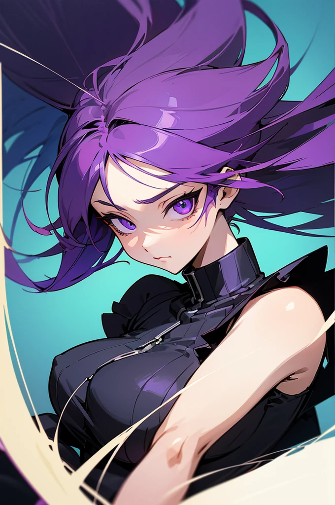 (Anime artwork, Anime Style, Studio Anime, Very detailed, Latest, Vibrant, Anime Coloring, High Contrast, masterpiece:1.2, Highest quality, Best aesthetics) Purple Hair、Depression、Determined eyes、One Girl、Black clothing、cute、cool、Beautiful breasts