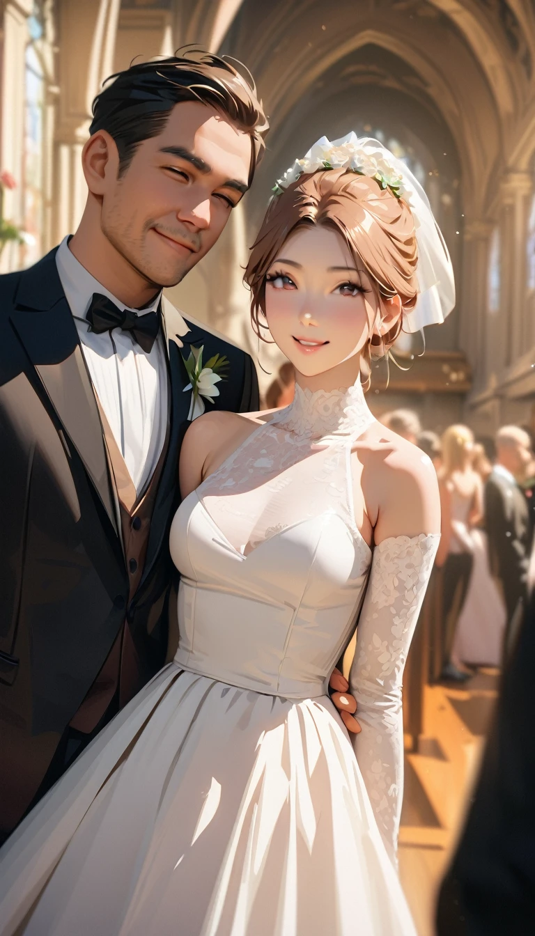 masterpiece , modern, Verism, masterpiece, super detail, best quality, 4K ,(((head shot))),Male and female couple standing side by side,a woman,Wedding dress, a man ,tuxedo,church,wedding,Happy atmosphere, People who bless those around, Blurred background,Hyperrealistic