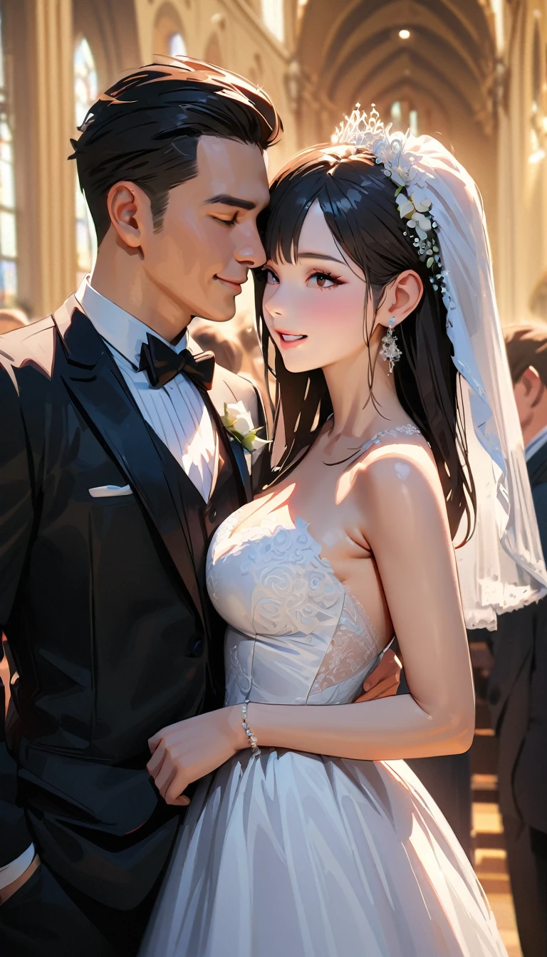 masterpiece , modern, Verism, masterpiece, super detail, best quality, 4K ,(((head shot))),Male and female couple standing side by side,a woman,Wedding dress, a man ,tuxedo,church,wedding,Happy atmosphere, People who bless those around, Blurred background,Hyperrealistic