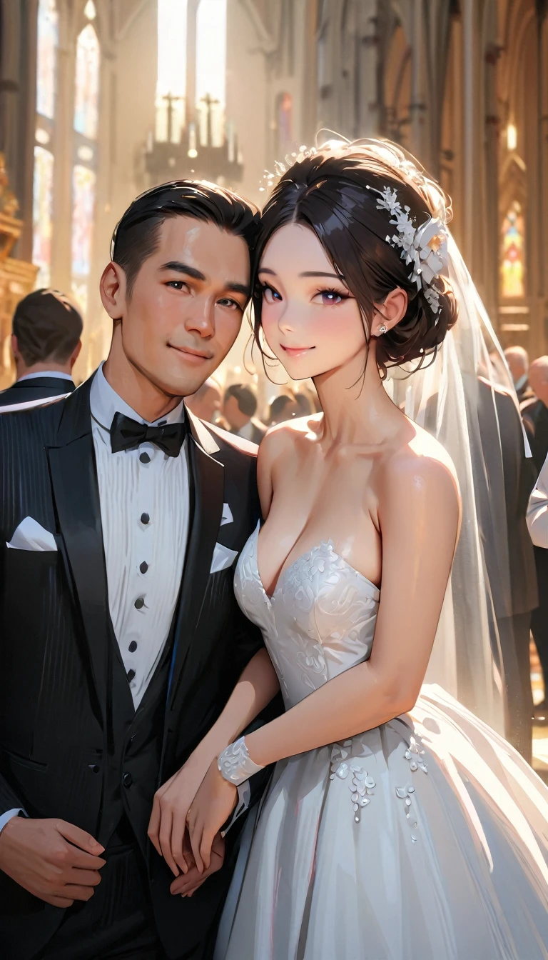 masterpiece , modern, Verism, masterpiece, super detail, best quality, 4K ,(((head shot))),Male and female couple standing side by side,a woman,Wedding dress, a man ,tuxedo,church,wedding,Happy atmosphere, People who bless those around, Blurred background,Hyperrealistic