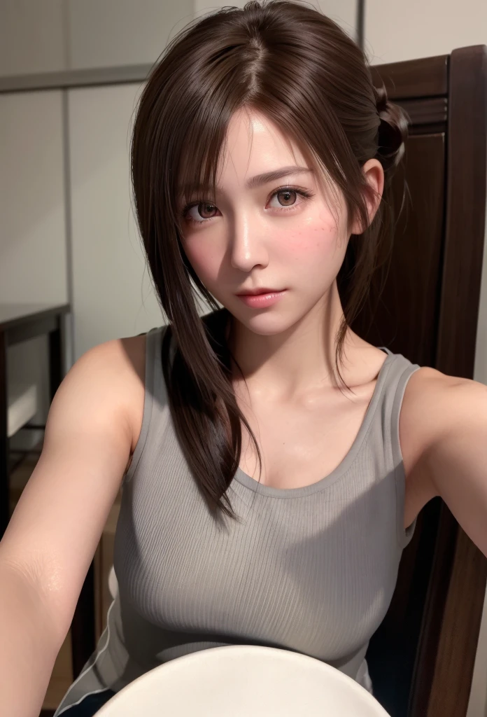 8K,Best Quality, masutepiece, 超A high resolution, (Photorealistic:1.4), Raw photo, (Authentic skin texture:1.3), (Film grain:1.3), (Selfie angle),1girl in, Bun hairstyle, Brown hair, Sitting, Chair, bored, Hand supporting chin, beautiful detailed eyes and face,masutepiece, Best Quality,close-up,upper bod,