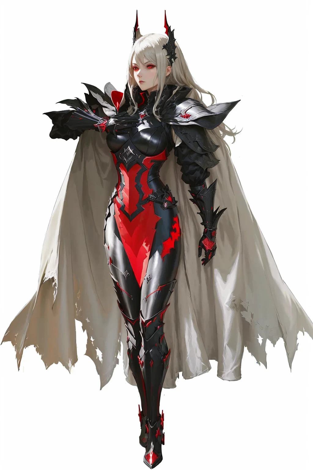 a woman in a red and black costume and a cape, pale black armor, black and red reflected armor, black and red armor, code vein, dark sorceress full view, drakengard, inspired by Li Chevalier, from arknights, official character art,