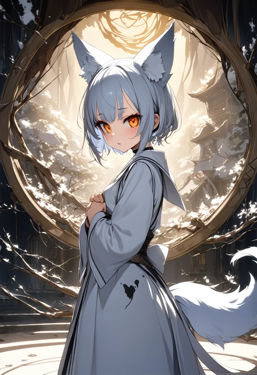 a young kitsune girl ((1 white fluffy tail)), stand, standing sideways to the viewer, head turned to the viewer, hands folded together, branches of a white tree nearby drawn with ink, masterpiece, professional artist, detailed, high resolution, cinematic, cinematic lighting, ((harmony)), artist: ke-ta, dfer32, asanagi,
