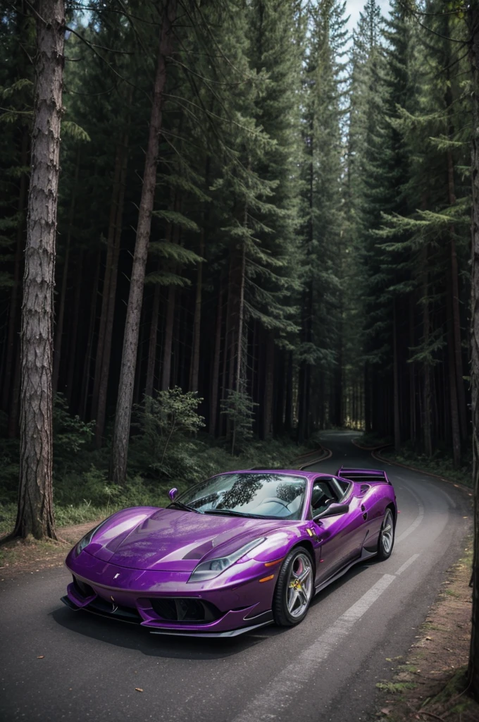 purple ferrari in the dark forest 