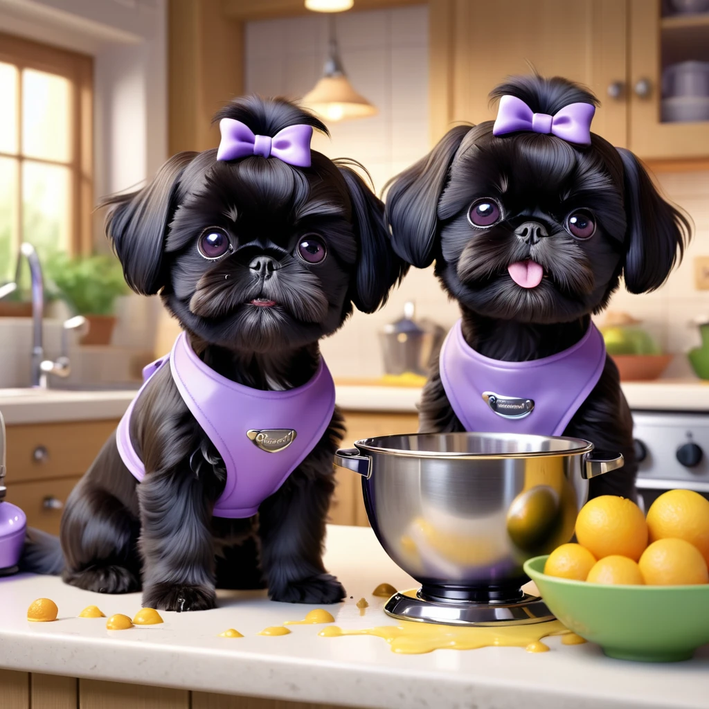 2 adorable small black shih tzu puppies, wearing purple collars and aprons, using kitchen aid mixer, making a mess in disney kitchen, 3d cartoon, 3d render, disney pixar style, cute, playful, photorealistic, ultra-detailed, 8k, best quality, masterpiece, vibrant colors, soft lighting, whimsical, adorable, mischievous, detailed fur textures, expressive faces, endearing expressions