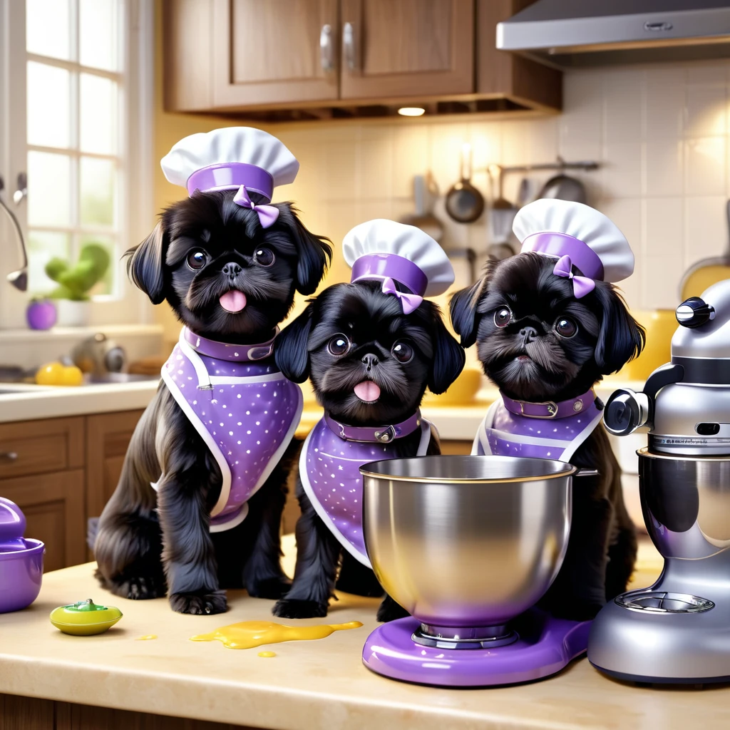 2 adorable small black shih tzu puppies, wearing purple collars and aprons, using kitchen aid mixer, making a mess in disney kitchen, 3d cartoon, 3d render, disney pixar style, cute, playful, photorealistic, ultra-detailed, 8k, best quality, masterpiece, vibrant colors, soft lighting, whimsical, adorable, mischievous, detailed fur textures, expressive faces, endearing expressions