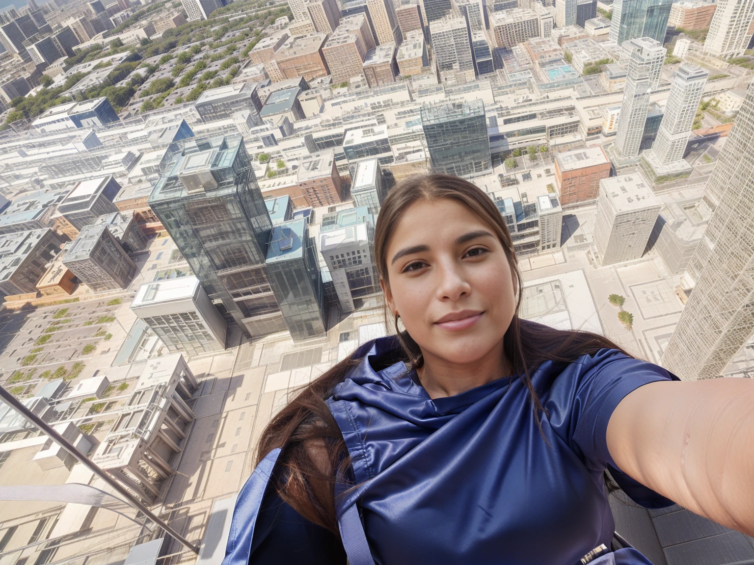 arafed woman taking a selfie from the top of a skyscraper, standing on a skyscraper rooftop, 