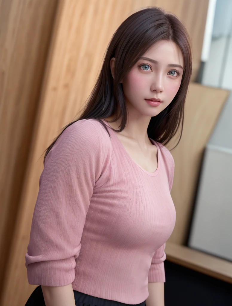 8K, Best Quality, masutepiece, Ultra High Resolution, (Realism: 1.3), Original photo, (Realistic skin texture: 1.3), (Film grain: 1.3), (Selfie angle), 1 girl, Pink clothes, Sapphire eyes and beautiful face details, masutepiece, Best Quality, close-up, Upper body top quality image quality pull-up